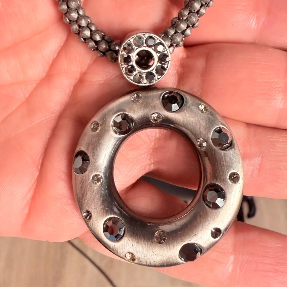Silver Tone Rhinestone Open Circle Pendant Necklace Chunky Textured Chain